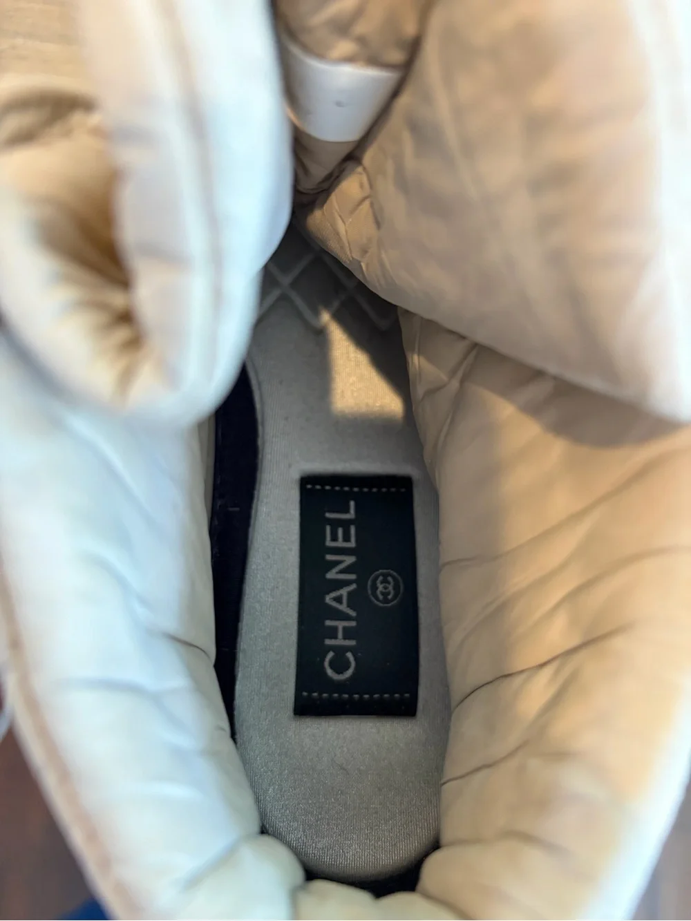CHANEL Taupe Quilted High-Top Sneakers